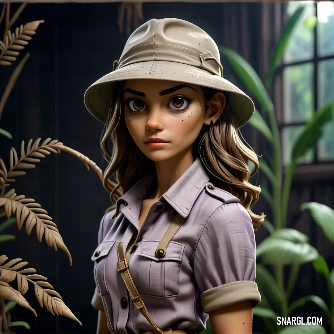 Woman in a hat and uniform standing in front of a plant with leaves on it and a window behind her