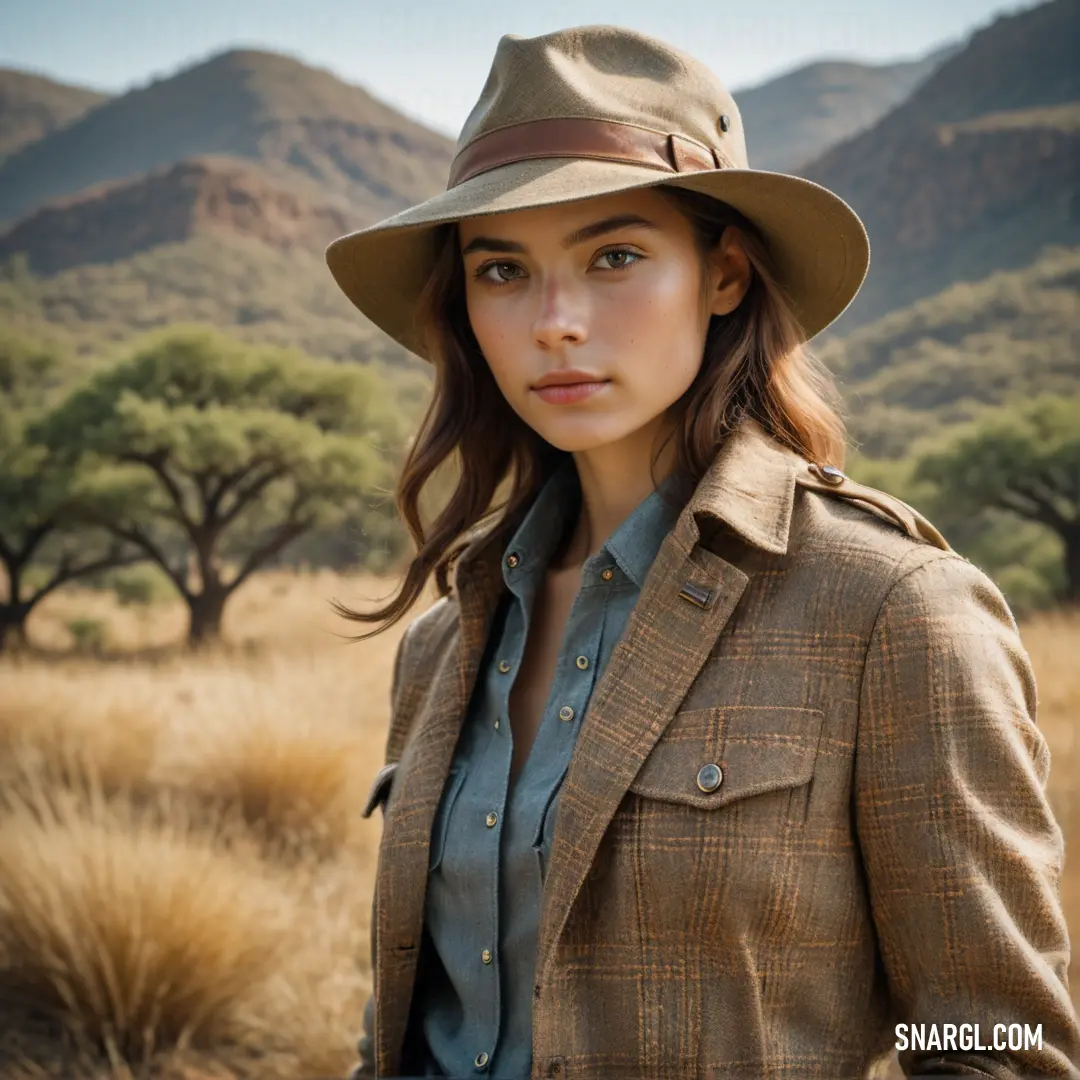 Woman in a hat is standing in a field with mountains in the background and grass in the foreground