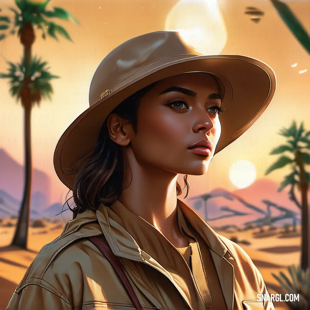 Woman in a hat is standing in the desert at sunset with palm trees and a mountain in the background