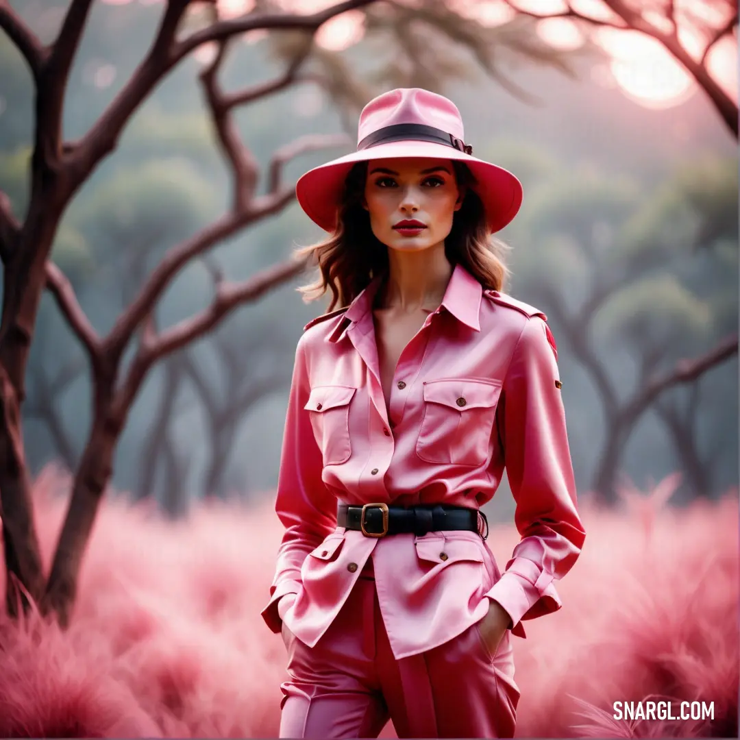 Woman in a pink suit and hat standing in a field of pink flowers with trees in the background
