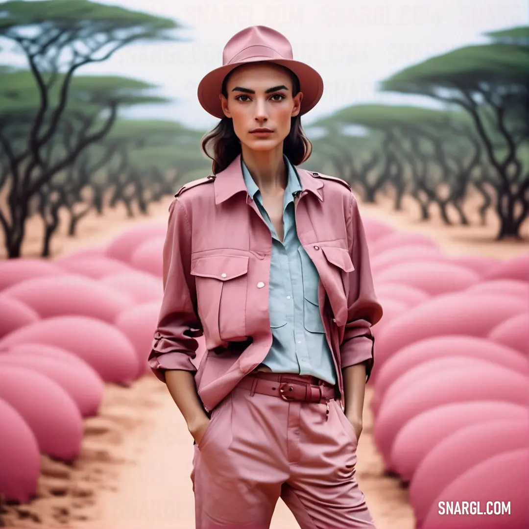 Woman in a pink suit and hat standing in a field of pink balls with trees in the background