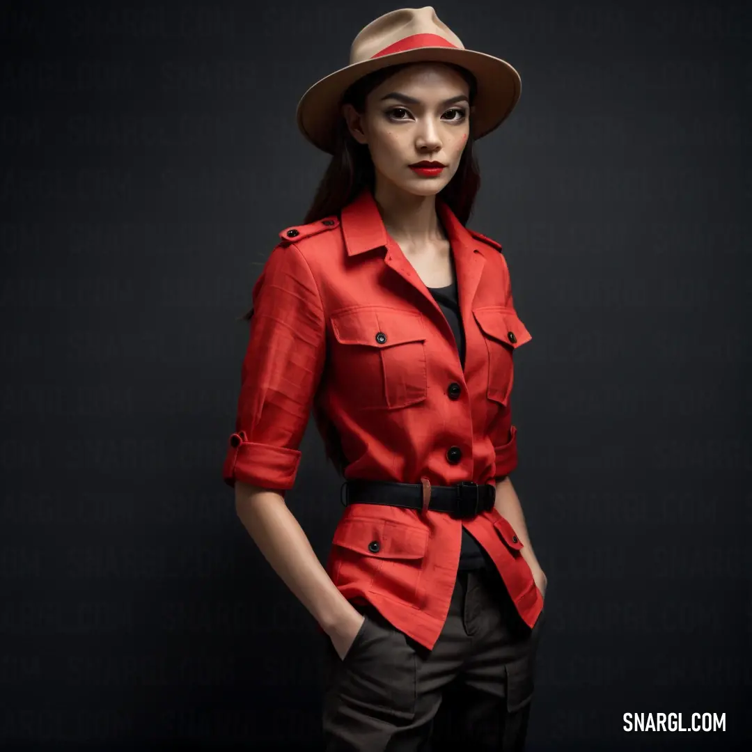 Woman in a red jacket and hat posing for a picture with her hands on her hips