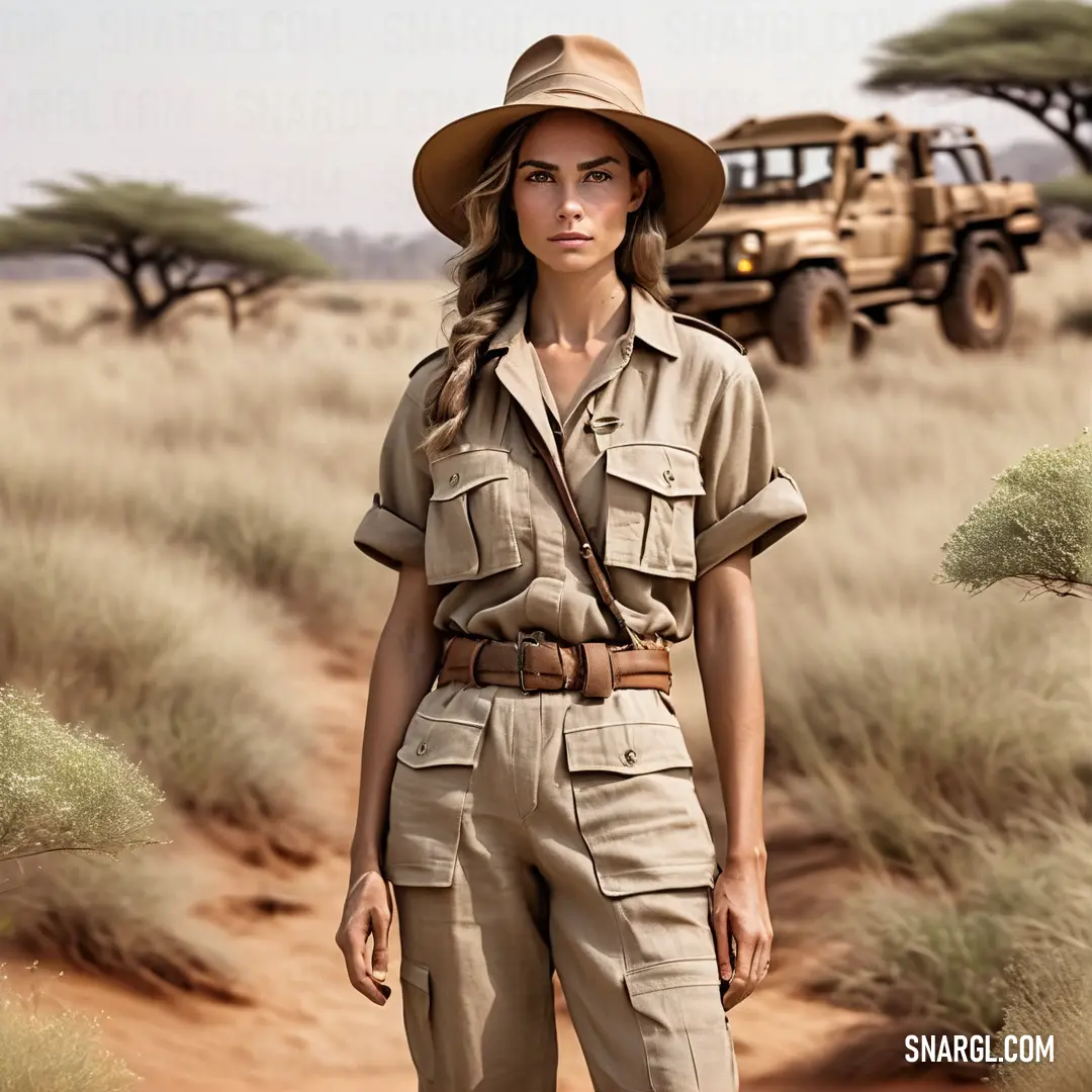 Woman in a safari outfit standing in the desert with a jeep in the background