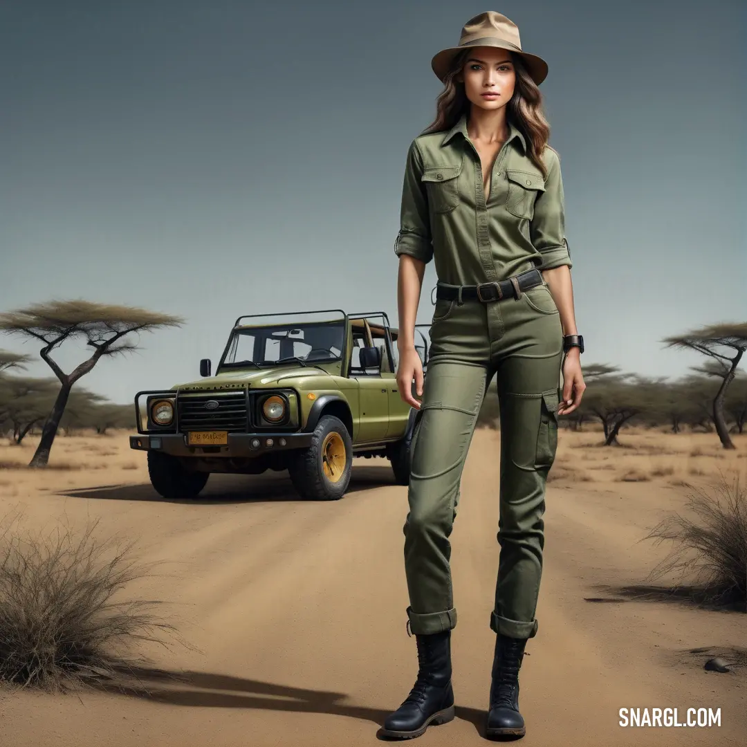 Woman in a safari outfit standing in front of a truck in the desert