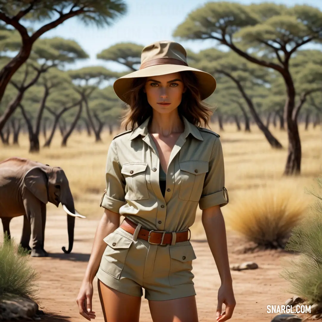 Woman in a safari outfit walking in the desert with an elephant in the background and a bush in the foreground