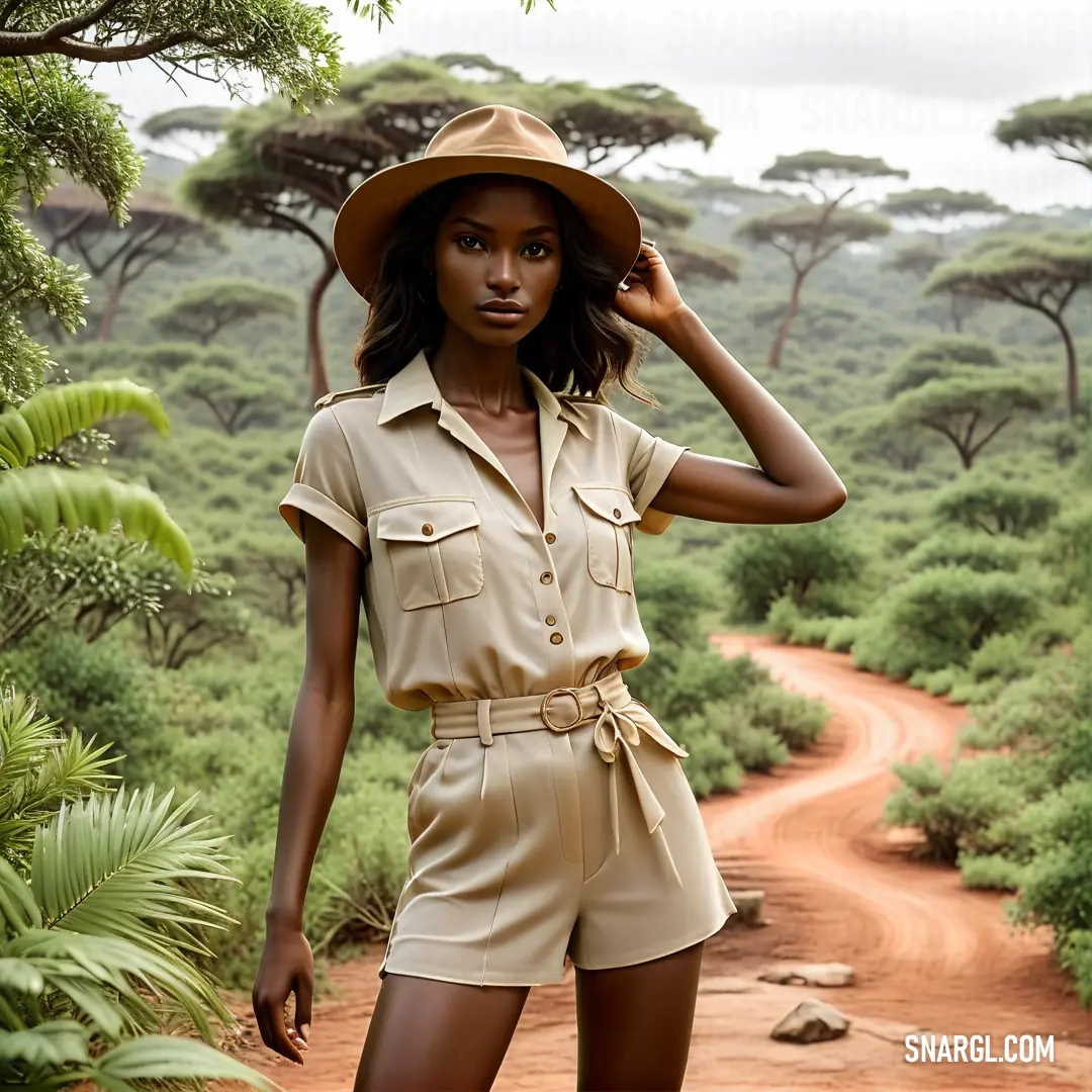 Woman in a safari outfit is standing on a dirt road in the middle of a jungle area with trees and bushes