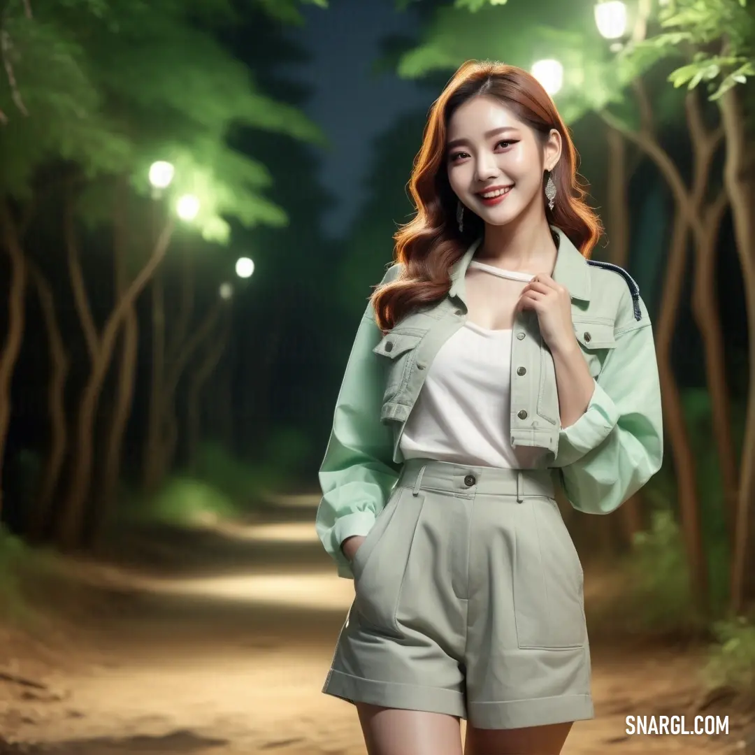 Woman in a short suit standing in a forest at night with a light on her head and a green jacket over her shoulders