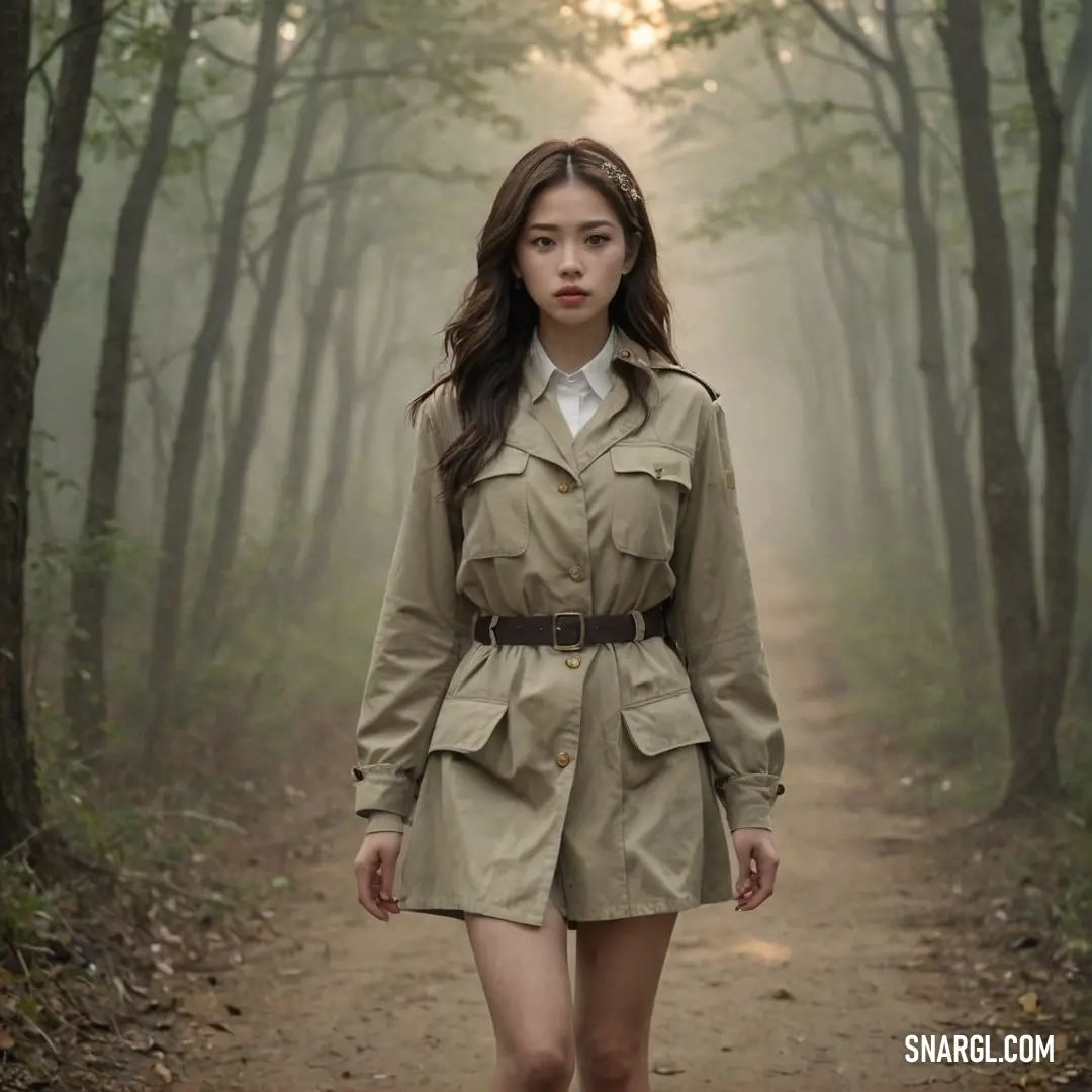 Woman in a trench coat walking down a dirt road in the woods with trees in the background