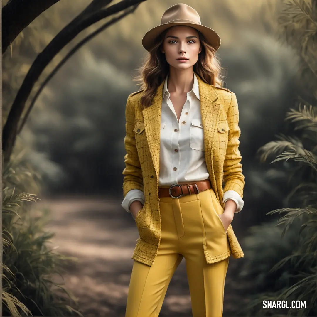 Woman in a yellow suit and hat posing for a picture in a forest with trees and bushes behind her
