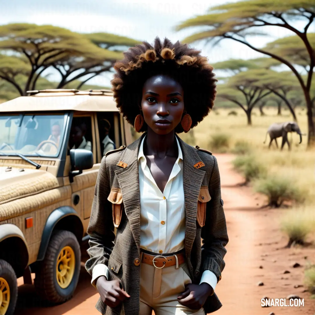 Woman standing in front of a safari vehicle in africa with an elephant in the background and a giraffe in the distance