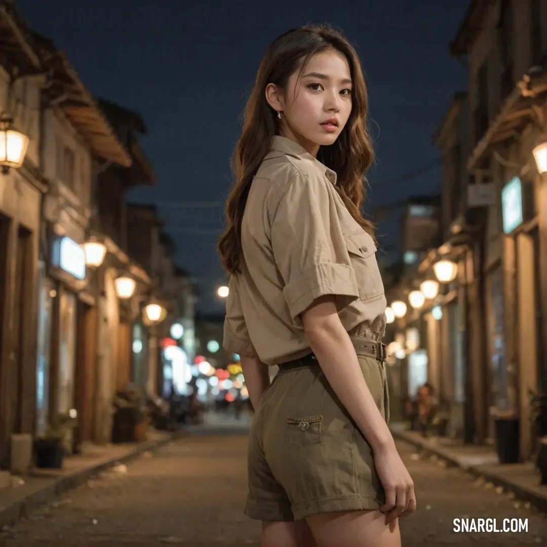 Woman standing on a street at night with a shirt on and a skirt on her back