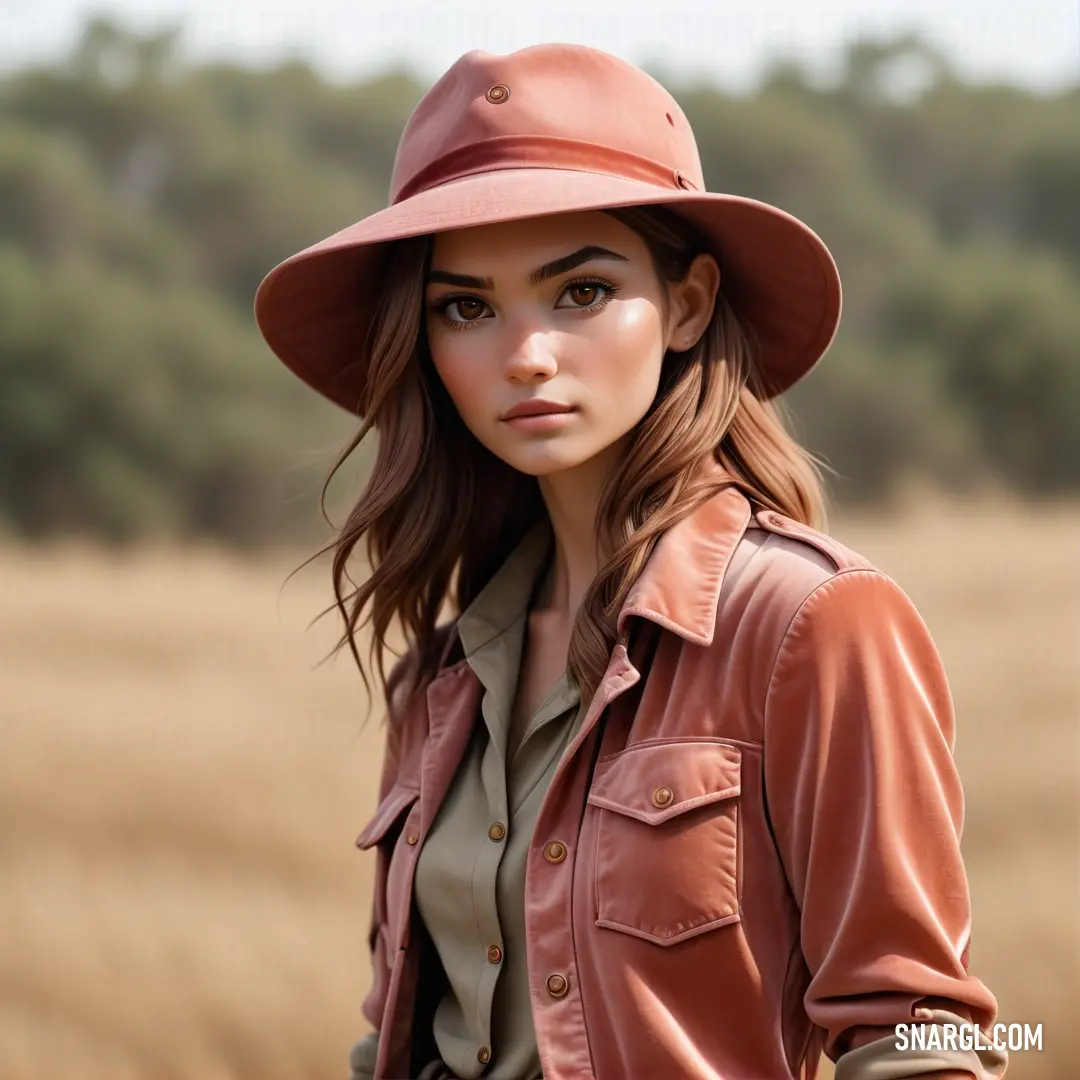 Woman wearing a hat and a brown jacket in a field of grass and trees in the background