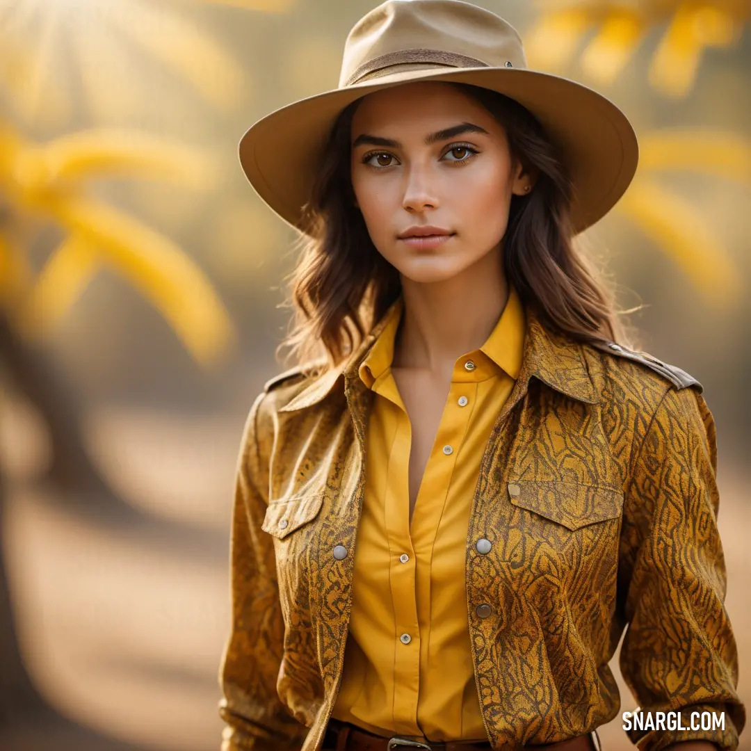 Woman wearing a hat and a yellow shirt is standing in front of a tree
