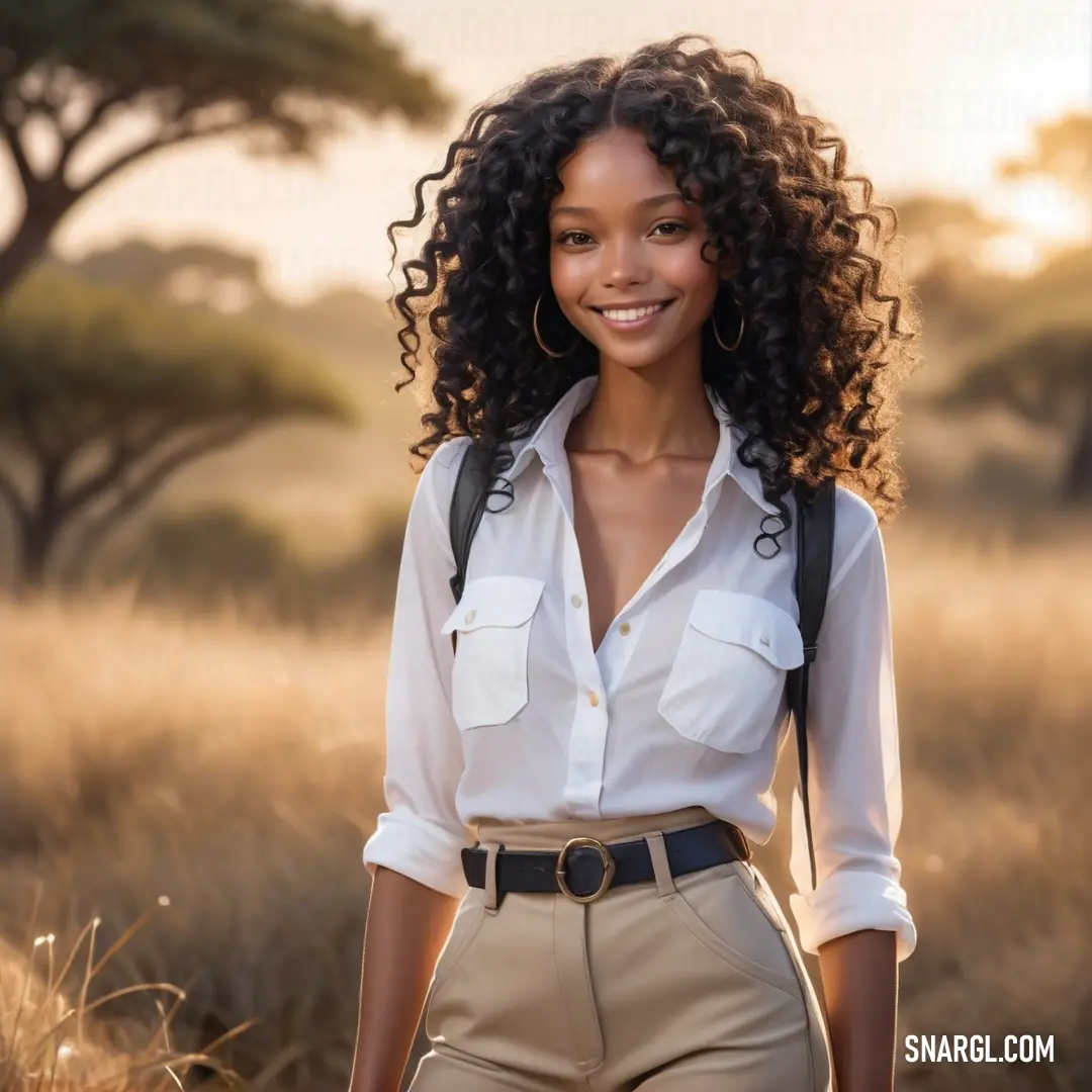 Woman with a backpack standing in a field of grass and trees in the background