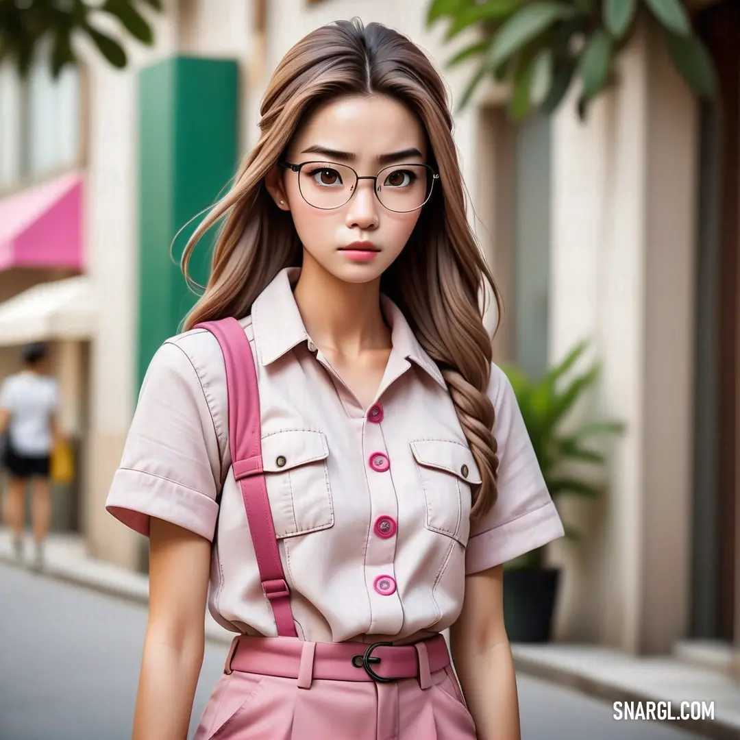 Woman with glasses and a pink outfit is walking down the street with a pink backpack on her shoulder