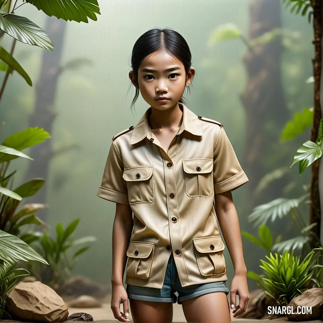 Young girl in a safari shirt standing in a jungle setting with a fern background