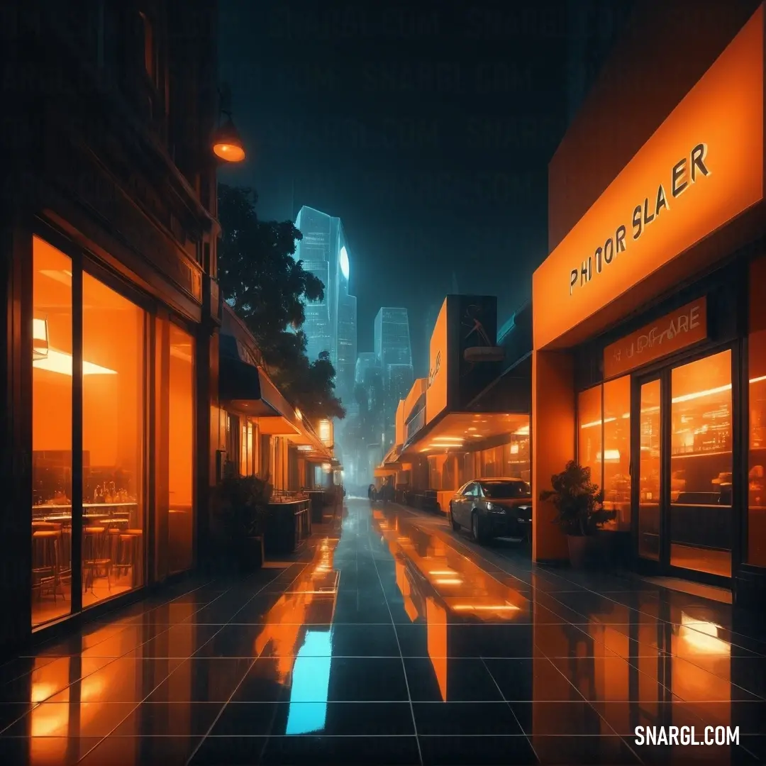 City street at night with a reflection of a car on the wet pavement and buildings in the background. Example of Safety orange (Blaze Orange) color.