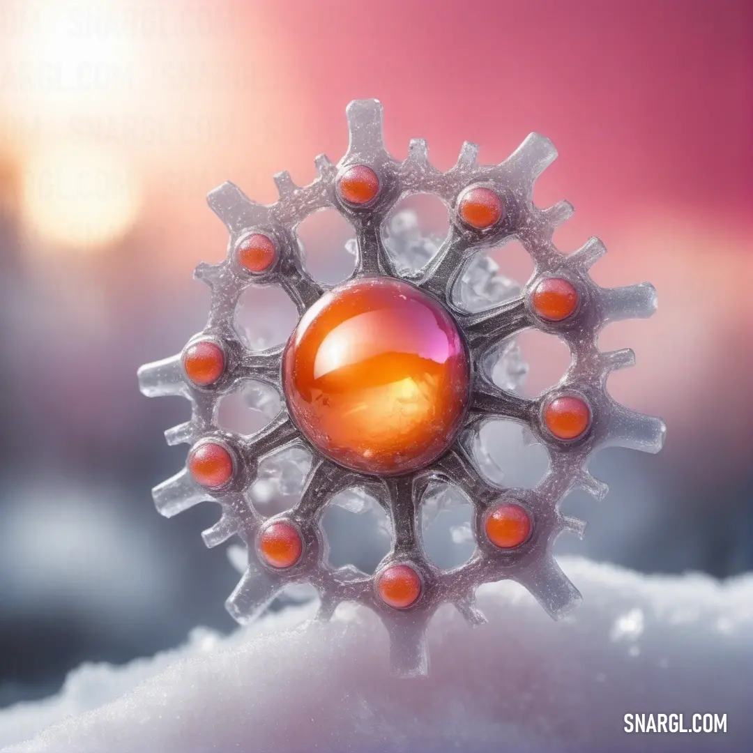 Close up of a snow ball with a red ball in the middle of it. Color #FF6700.
