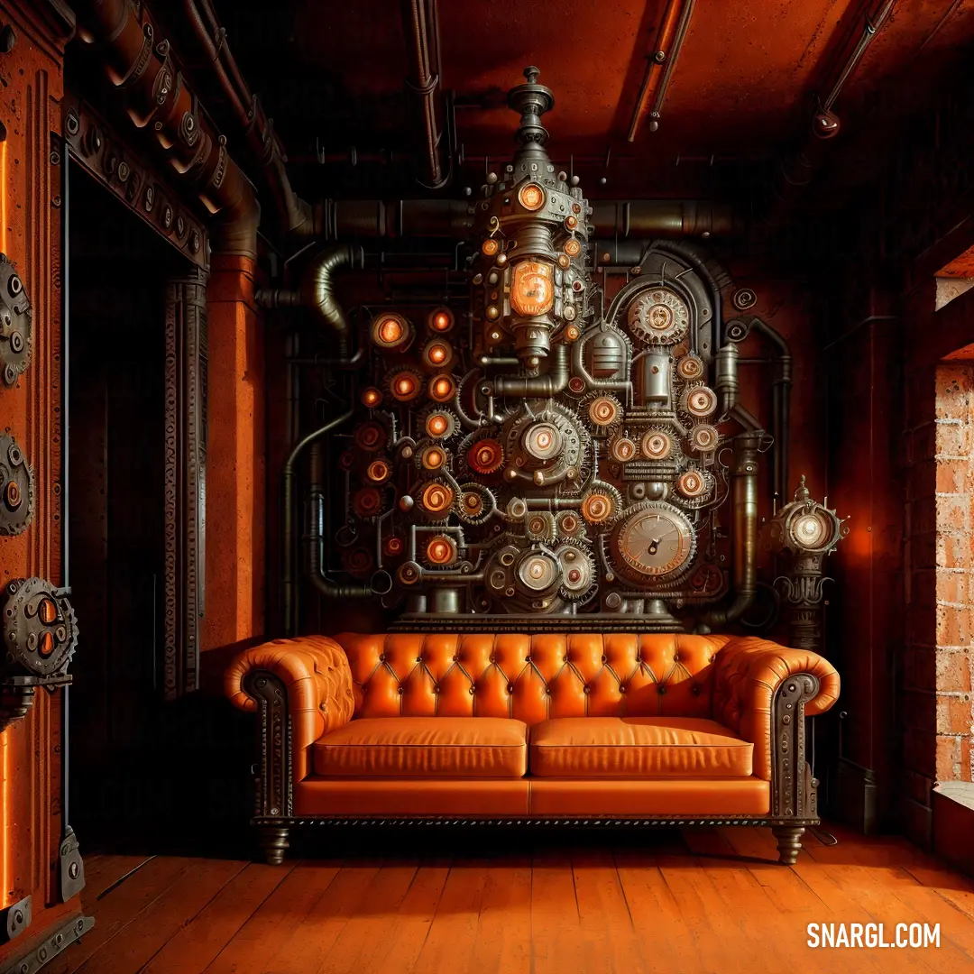 Couch in a room next to a wall with clocks on it and a lamp hanging from the ceiling. Color Safety orange (Blaze Orange).