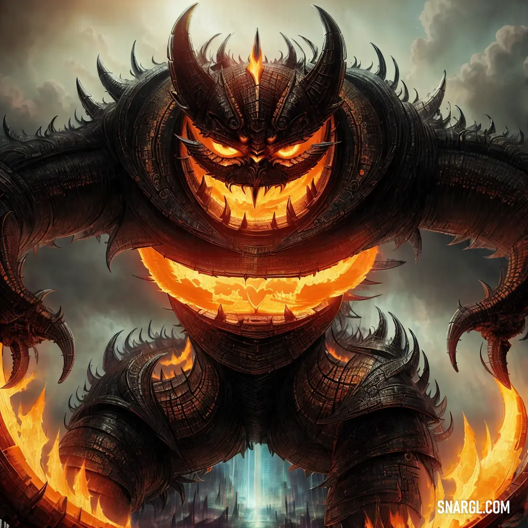 Demonic looking monster with a huge mouth and flames on its face and body