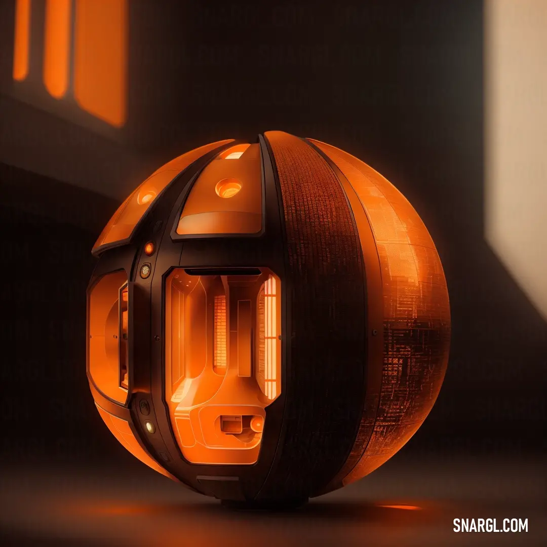 Large orange object with a light shining on it's side and a window in the background that is lit up