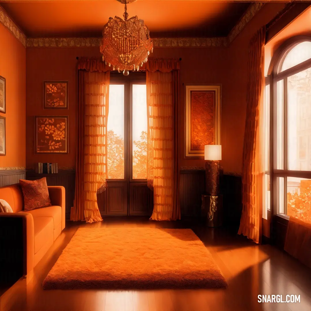 Living room with a couch, chair and chandelier in it's centerpieces. Color Safety orange (Blaze Orange).