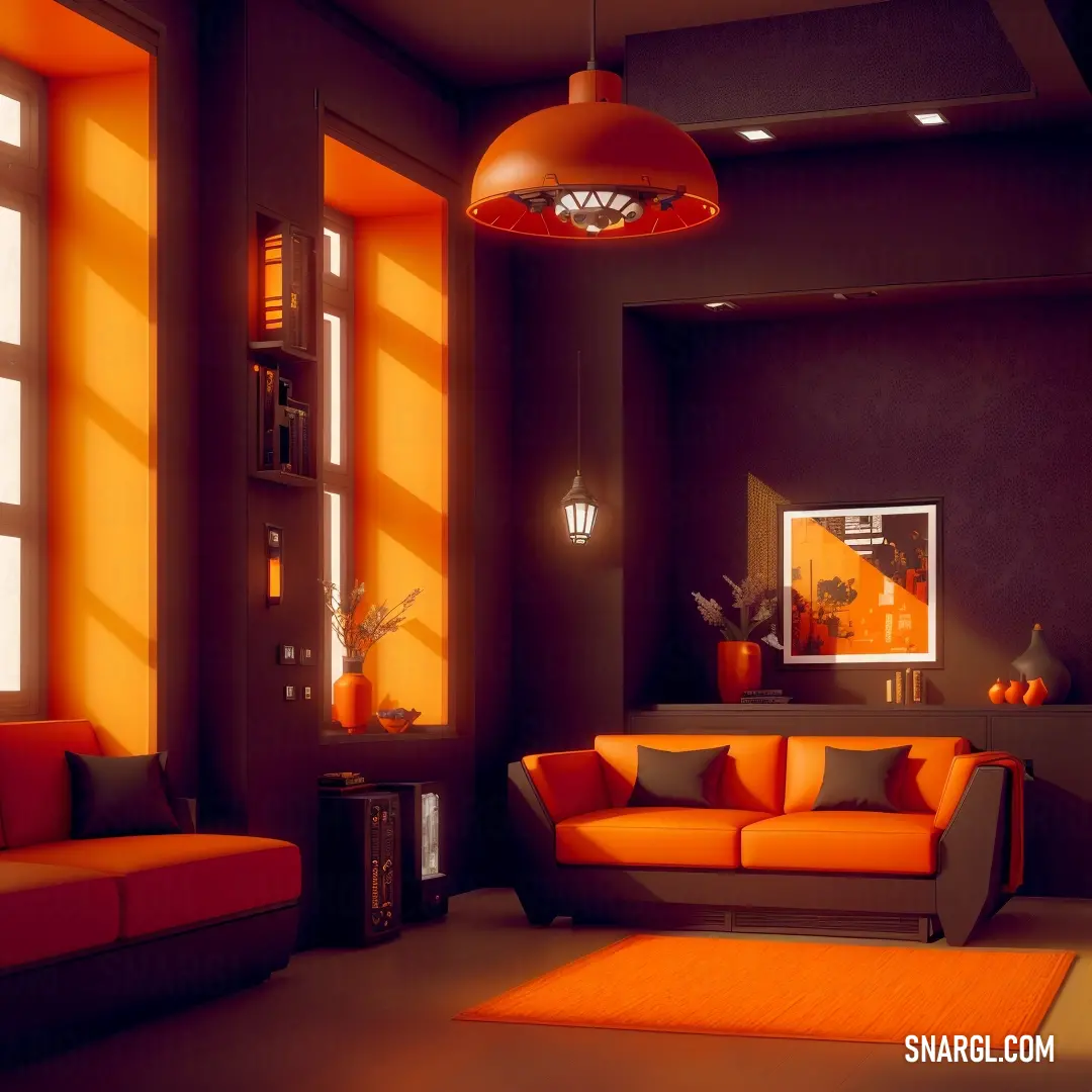 Living room with orange and brown furniture and a large window with a picture on it's wall. Example of CMYK 0,60,100,0 color.
