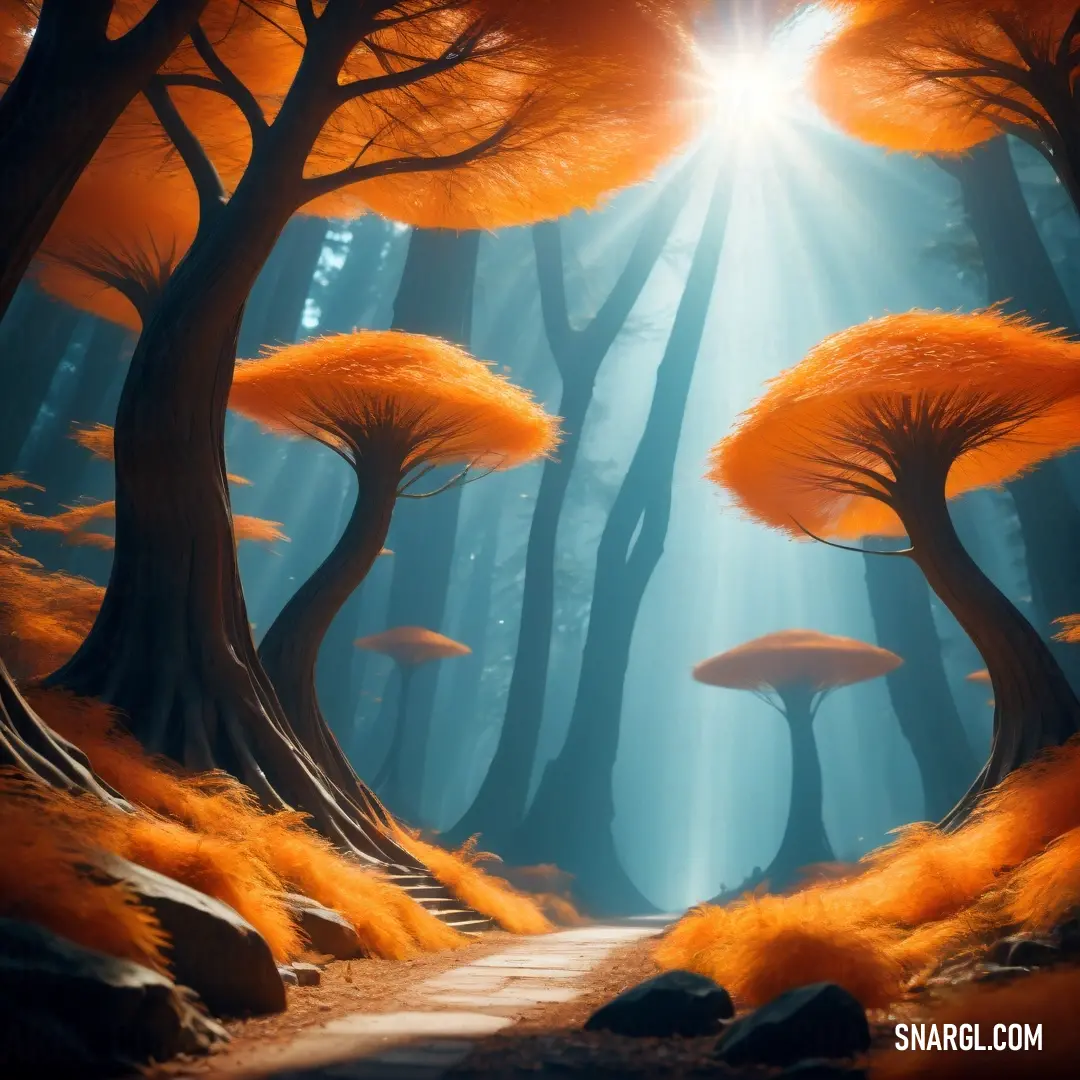 Painting of a path through a forest with trees and mushrooms on it. Example of Safety orange (Blaze Orange) color.