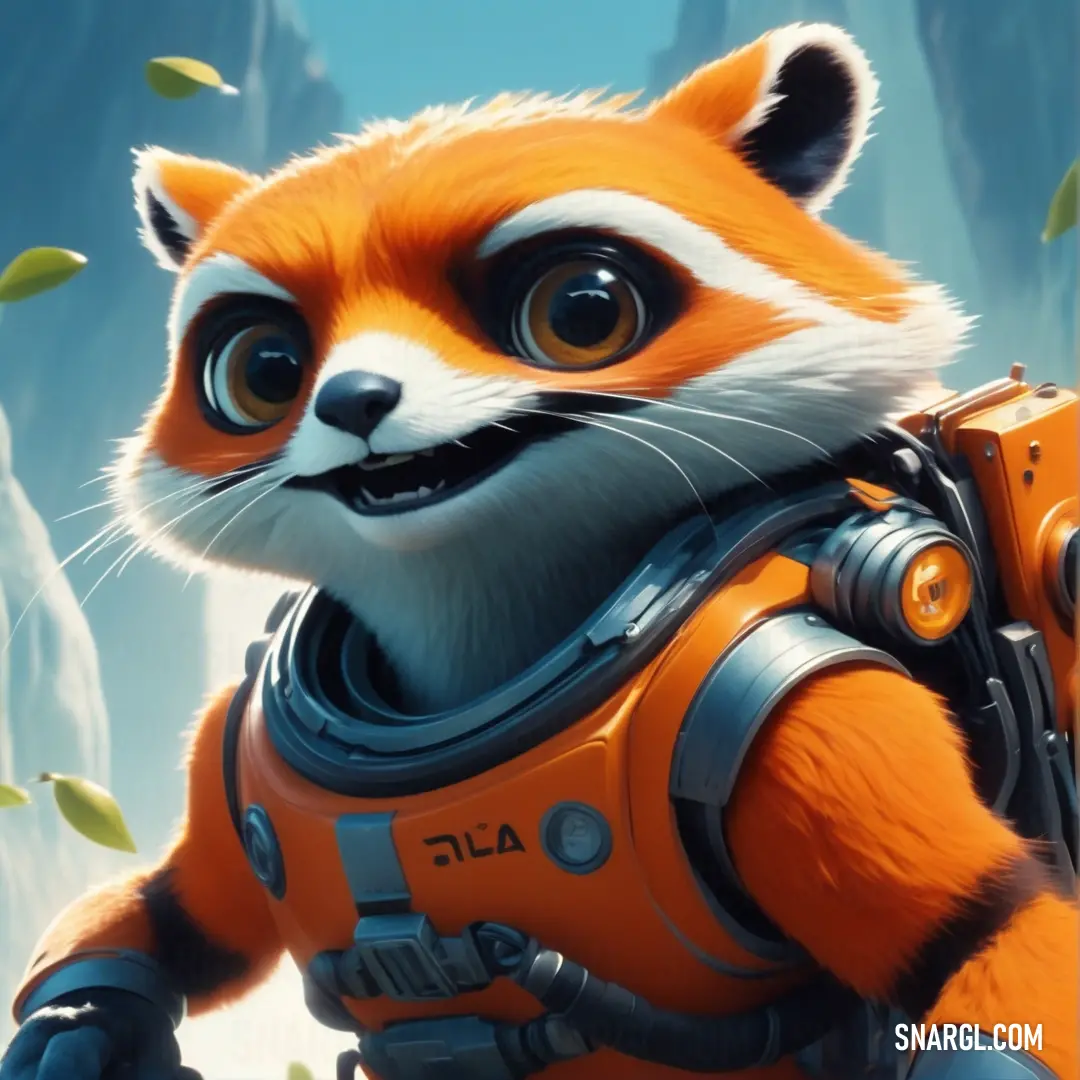 Red panda in a space suit with a rifle in his hand and a mountain in the background. Example of RGB 255,103,0 color.