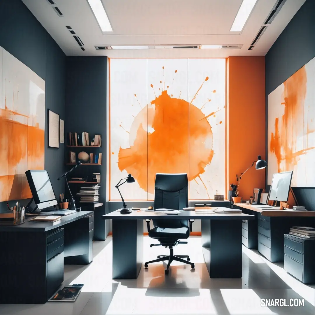 Safety orange (Blaze Orange) color example: Room with a desk and a chair and a painting on the wall behind it and a chair in the middle