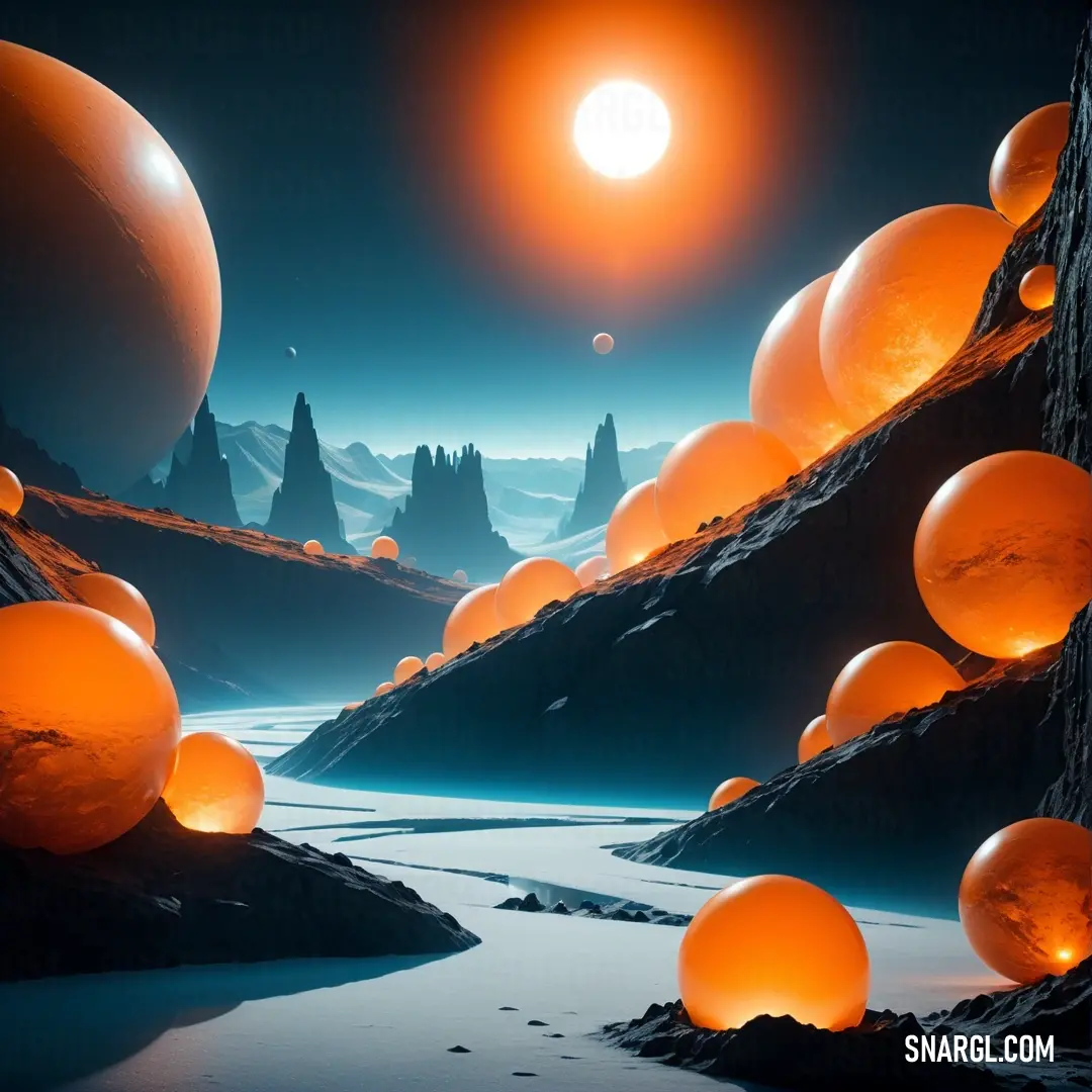 Group of orange balls floating in the air over a river and mountains at night time with bright lights. Example of #FF6700 color.