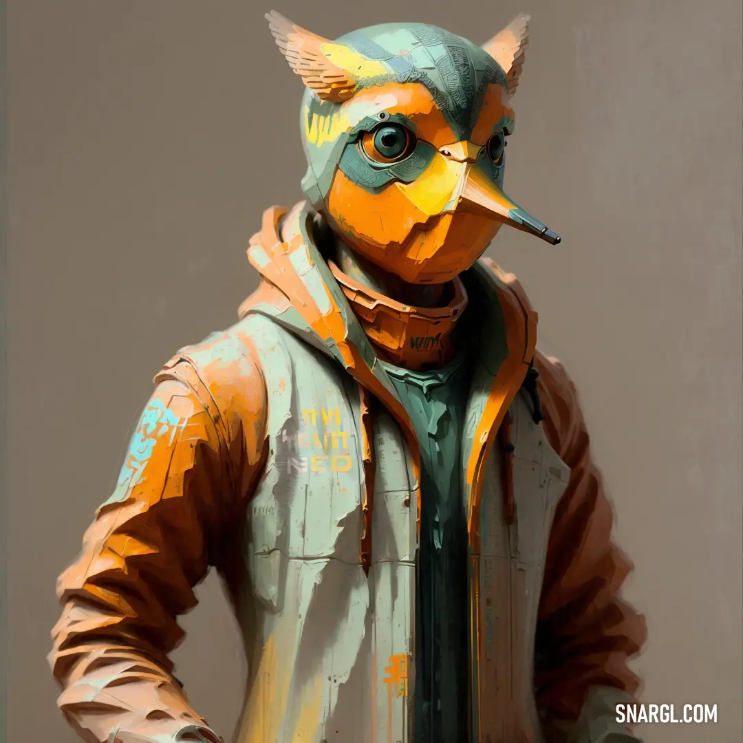 Man in a jacket with a cigarette in his mouth and a bird mask on his head. Example of RGB 255,103,0 color.