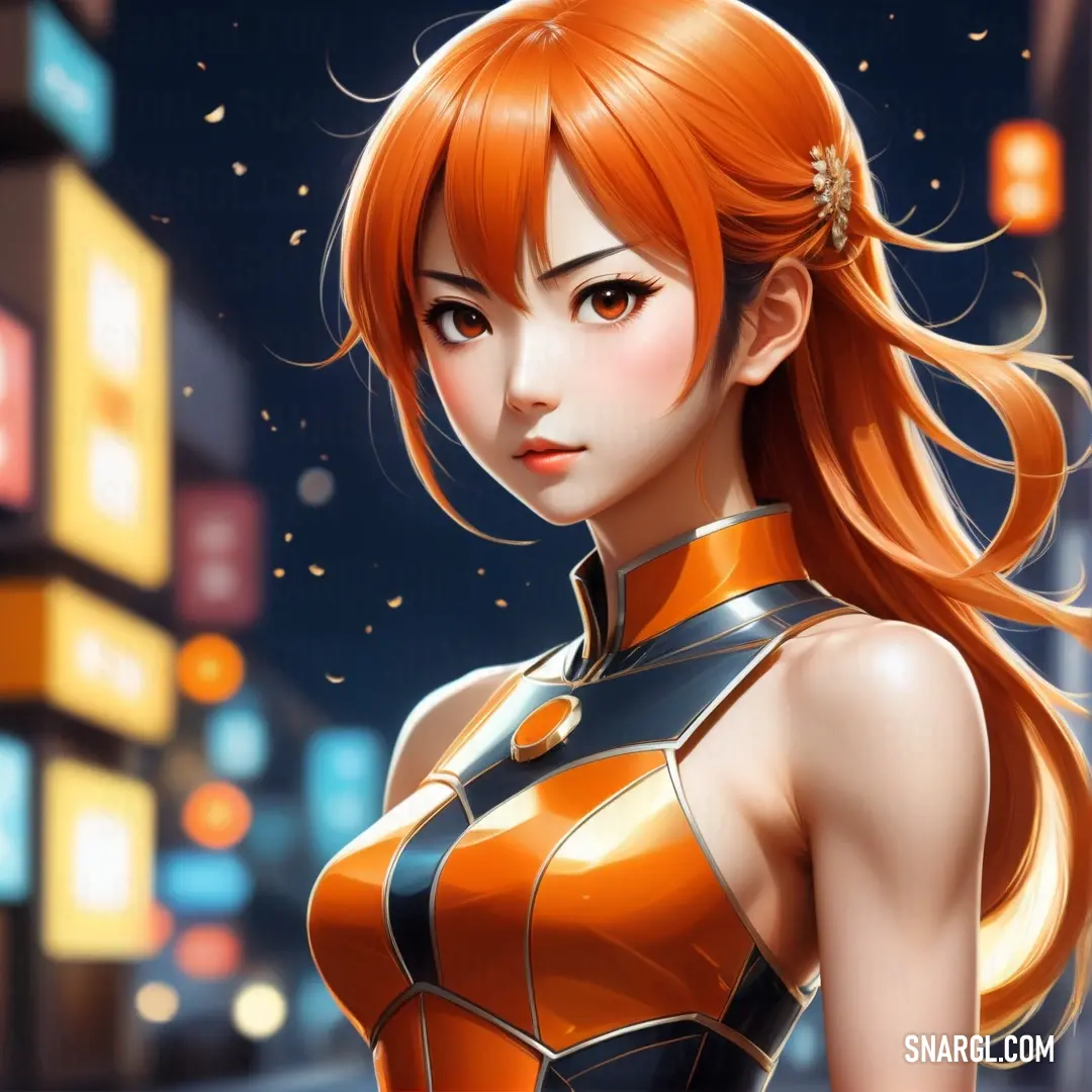 Woman in a futuristic outfit standing in the street at night with a city background. Color Safety orange (Blaze Orange).