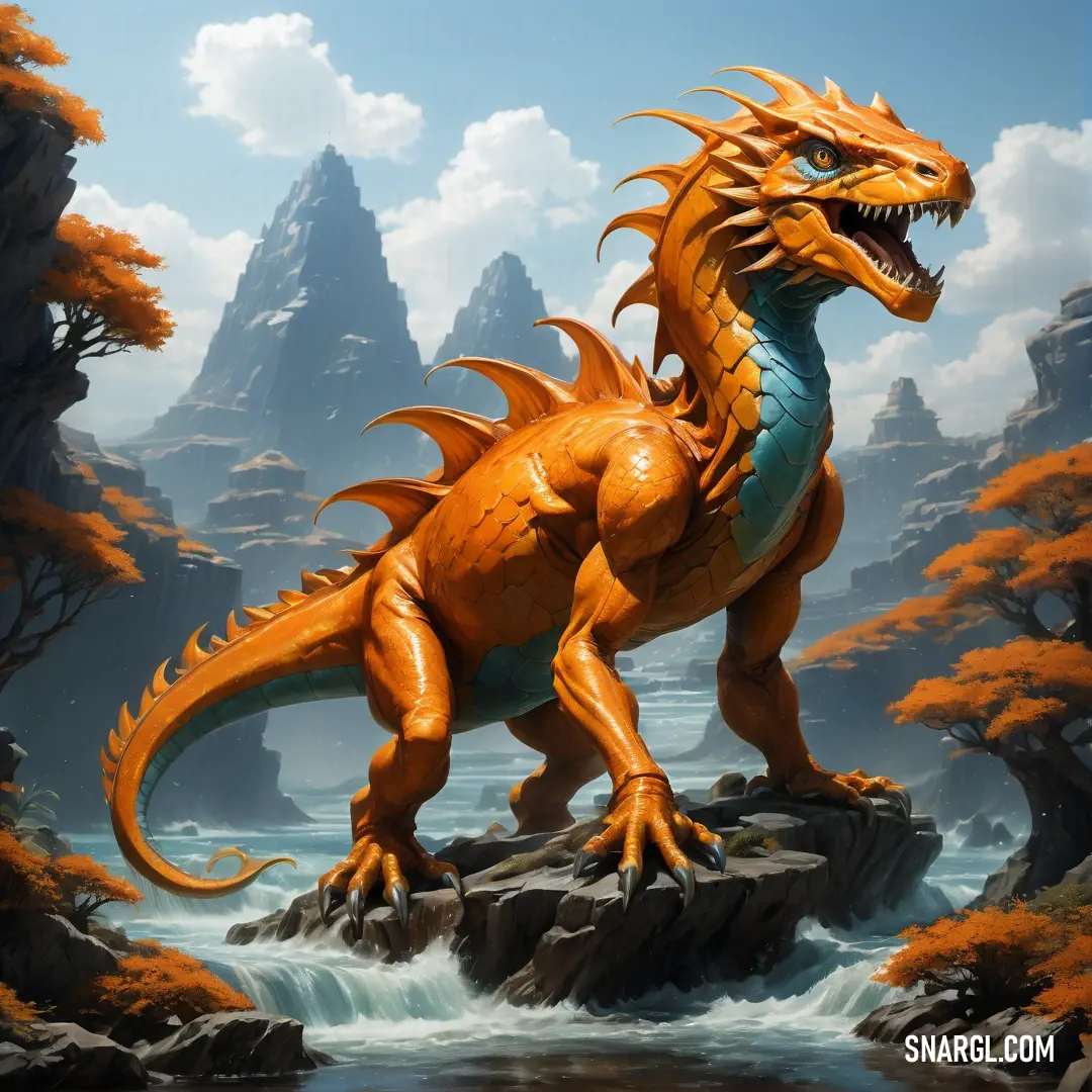 Yellow dragon statue standing on a rock in a river with trees and rocks in the background. Color CMYK 0,60,100,0.