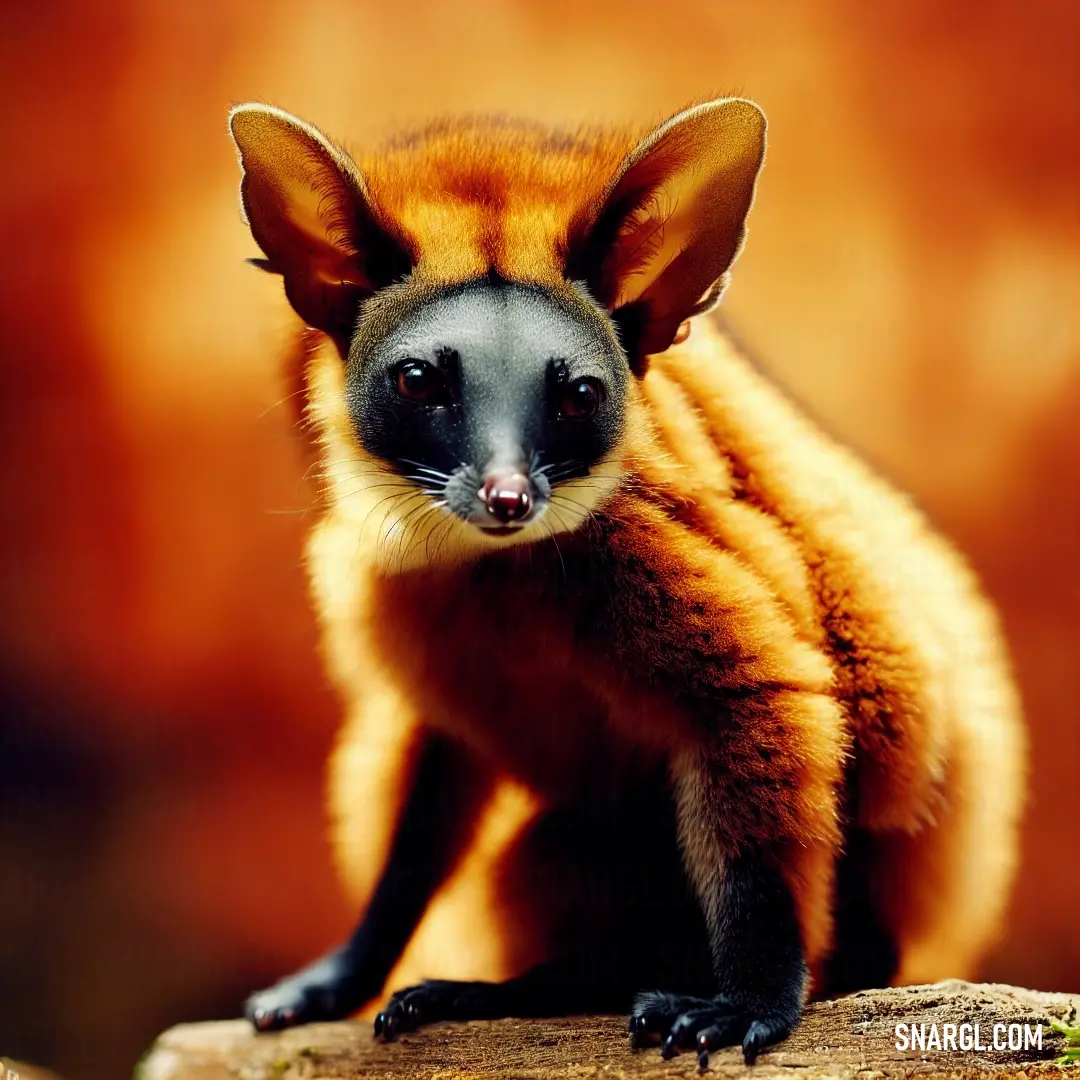 Small animal with a long tail on a log in front of a wall and looking at the camera