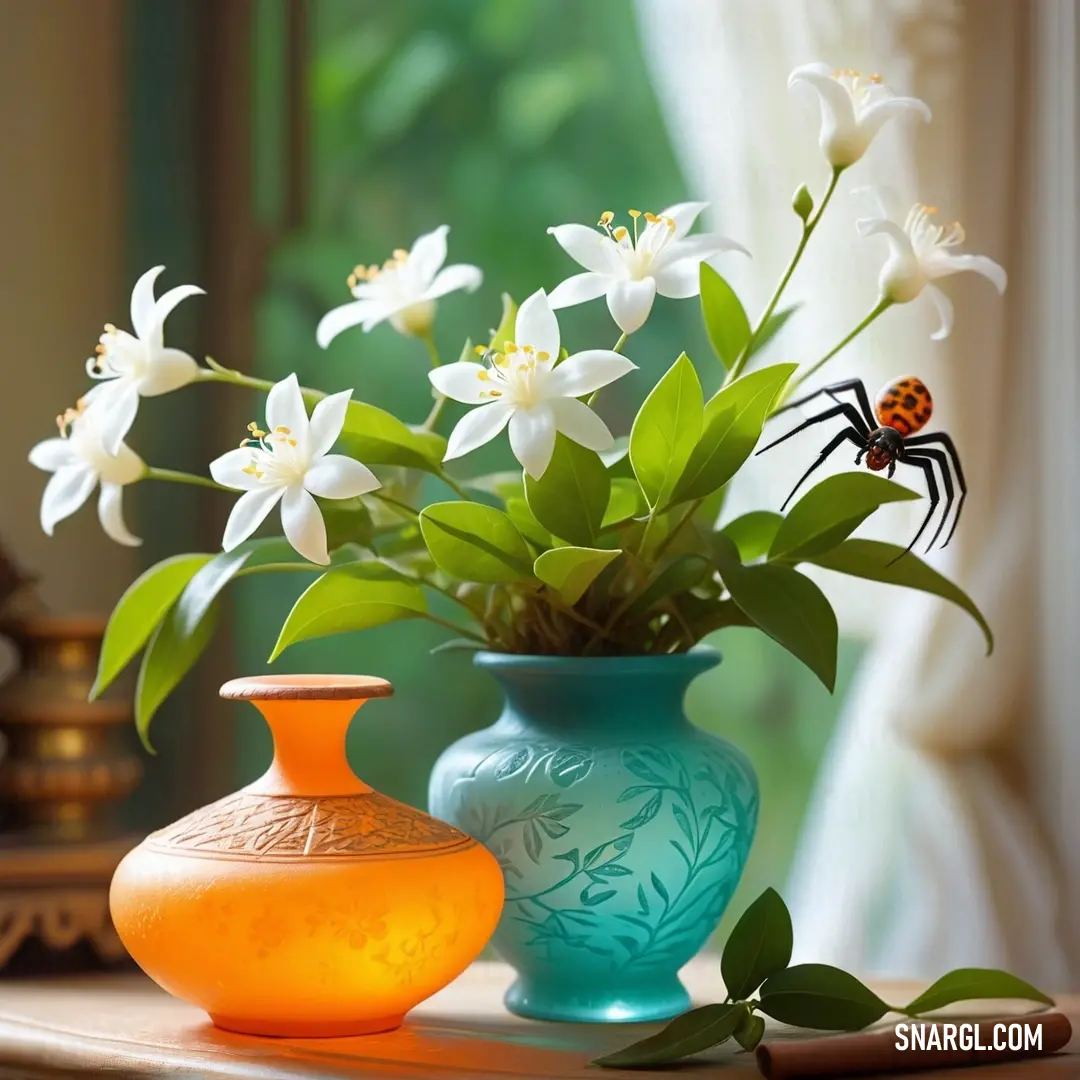 Vase with flowers and a spider on it on a table next to a window sill. Color RGB 255,103,0.