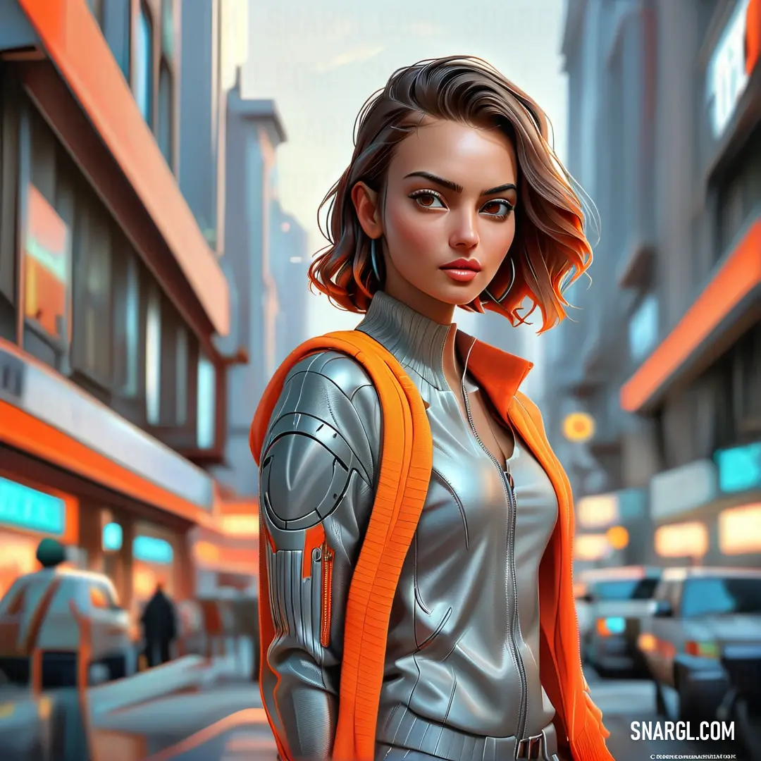 Woman in a futuristic suit standing in the street with a city background. Color #FF6700.