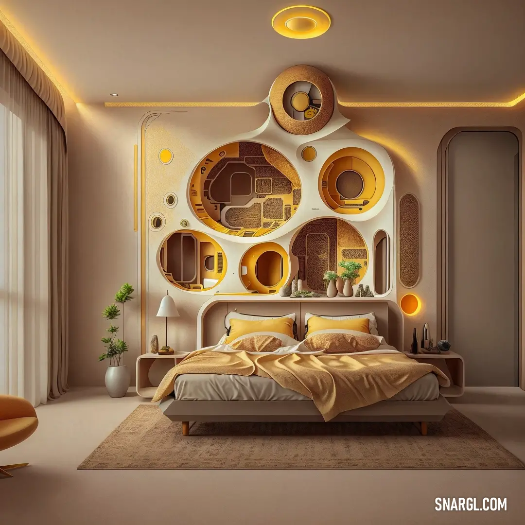 Bedroom with a bed and a mirror on the wall above it and a chair in front of it