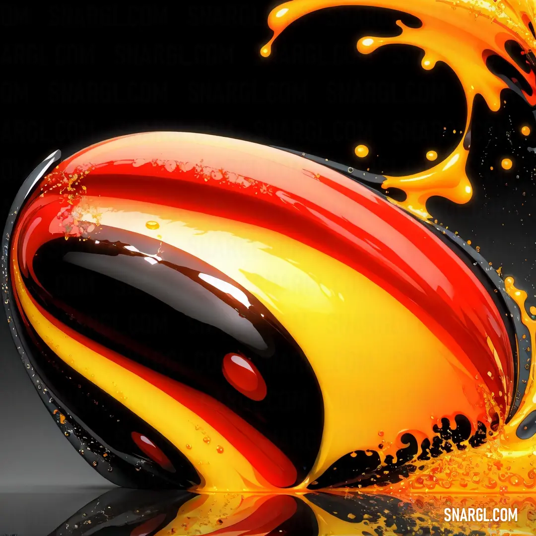 Black and yellow object with a red and yellow swirl on it's side and a black background