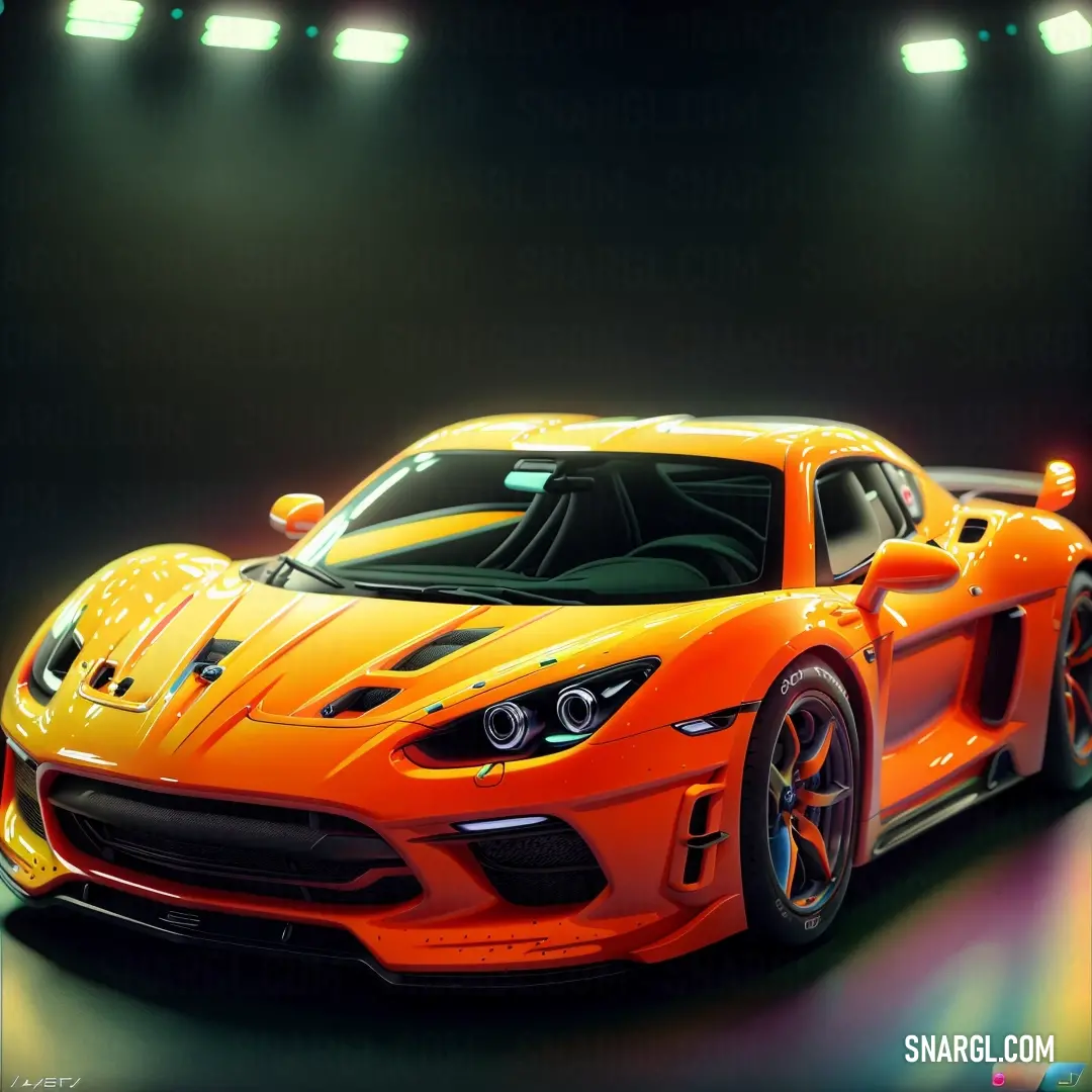 Bright orange sports car in a spotlight with lights on the side of it and a black background