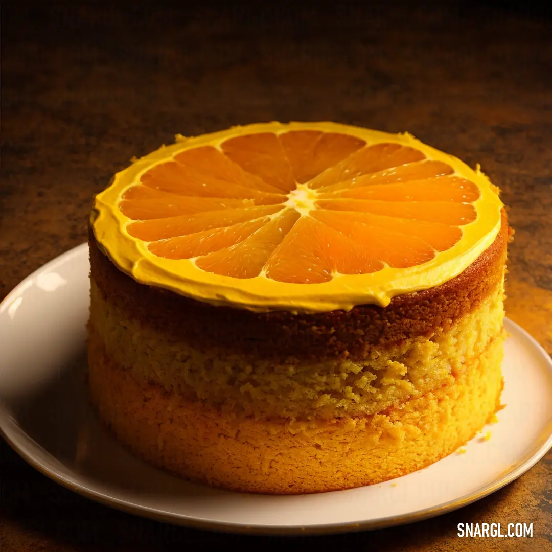 Cake with a slice of orange on top of it on a plate on a table