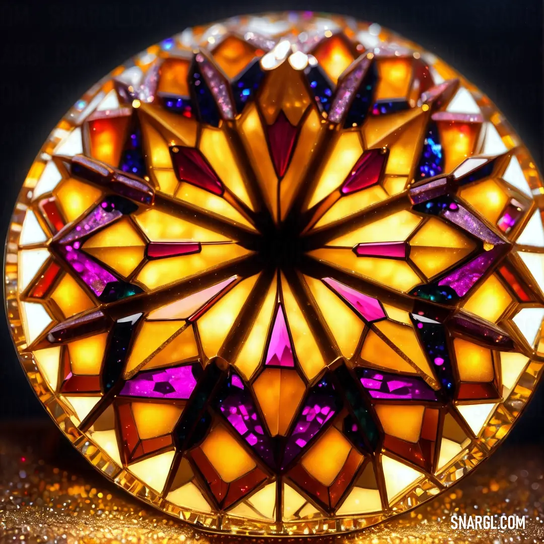#F4C430 example: Colorful glass plate with a star design on it's side and a gold glitter background behind it