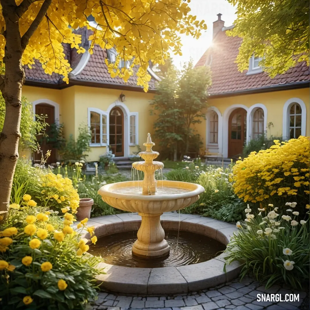 Fountain in a garden with yellow flowers and trees in the background. Example of #F4C430 color.