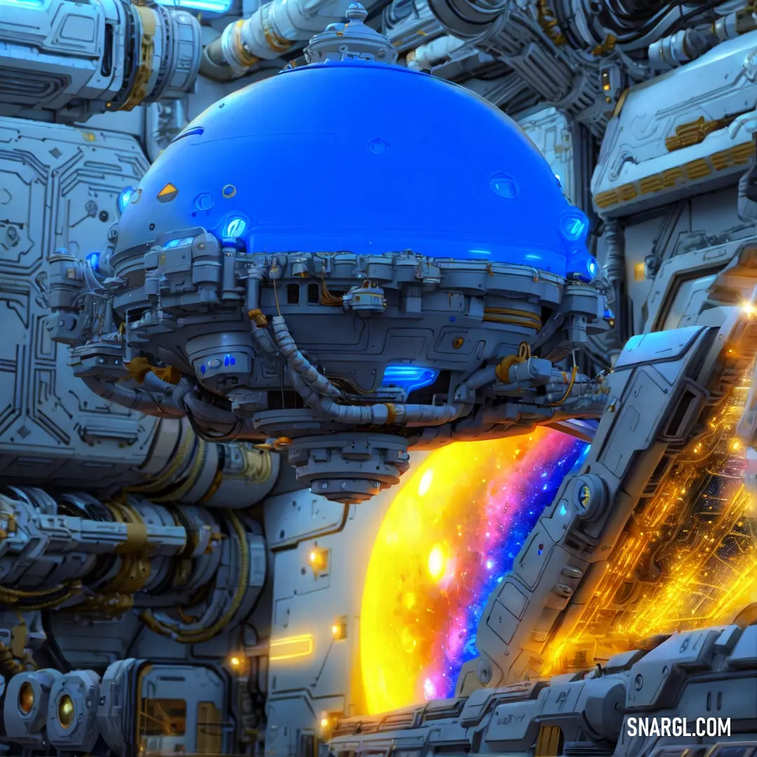 Futuristic space station with a blue helmet and yellow and orange lights on it's side and a large blue object in the middle