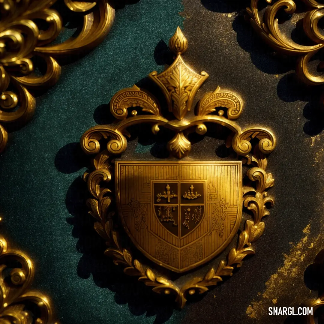 Gold colored coat of arms on a green velvet background with gold accents and a gold chain around it