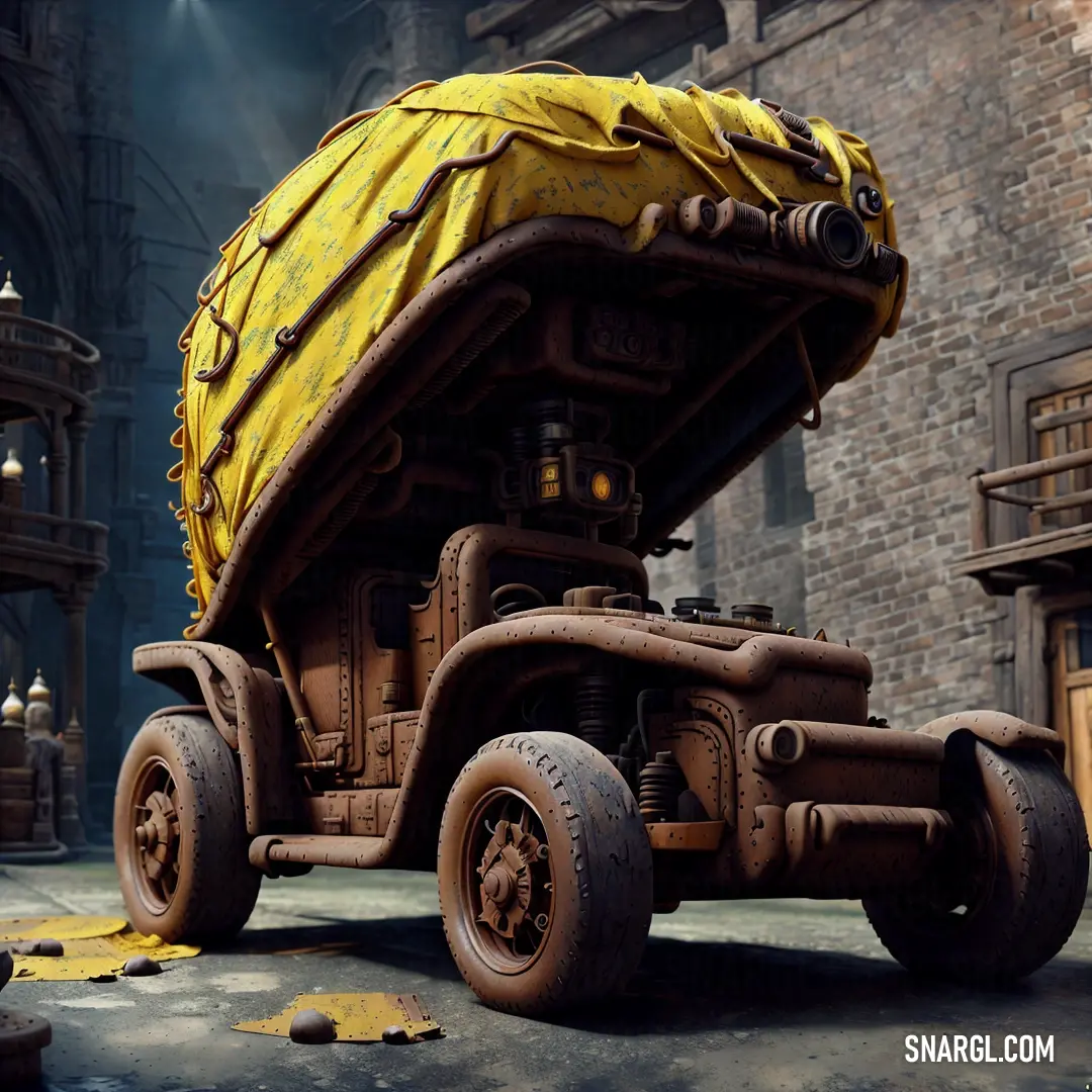 Large truck with a yellow tarp on it's back is parked in a warehouse area with a brick wall