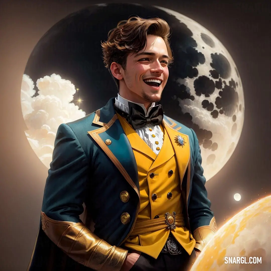 Man in a yellow and blue suit and bow tie smiling at the camera with a full moon behind him. Example of #F4C430 color.