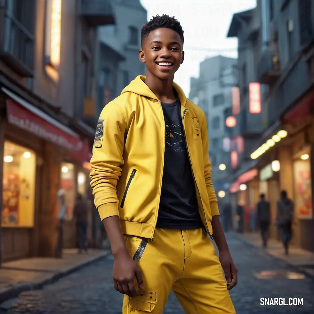 Man in a yellow jacket and black shirt standing on a street corner in a city at night with people walking around