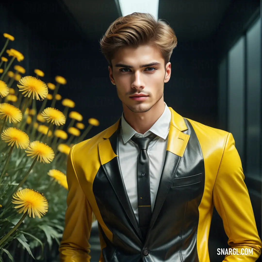 Man in a yellow jacket and tie standing in front of a flower filled hallway. Color CMYK 0,20,80,4.