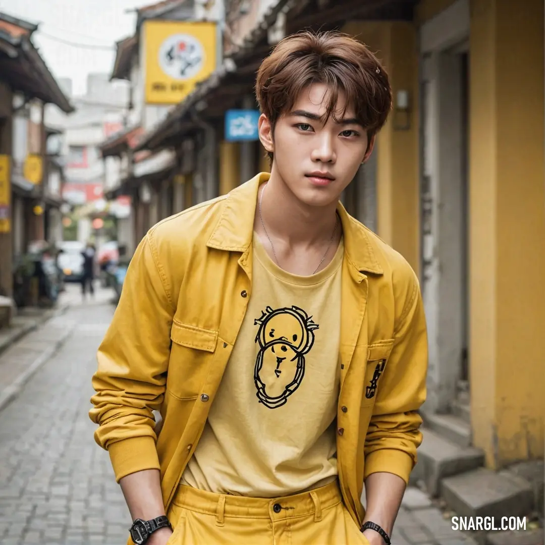 Man in a yellow shirt and yellow pants standing on a street corner. Example of Saffron color.